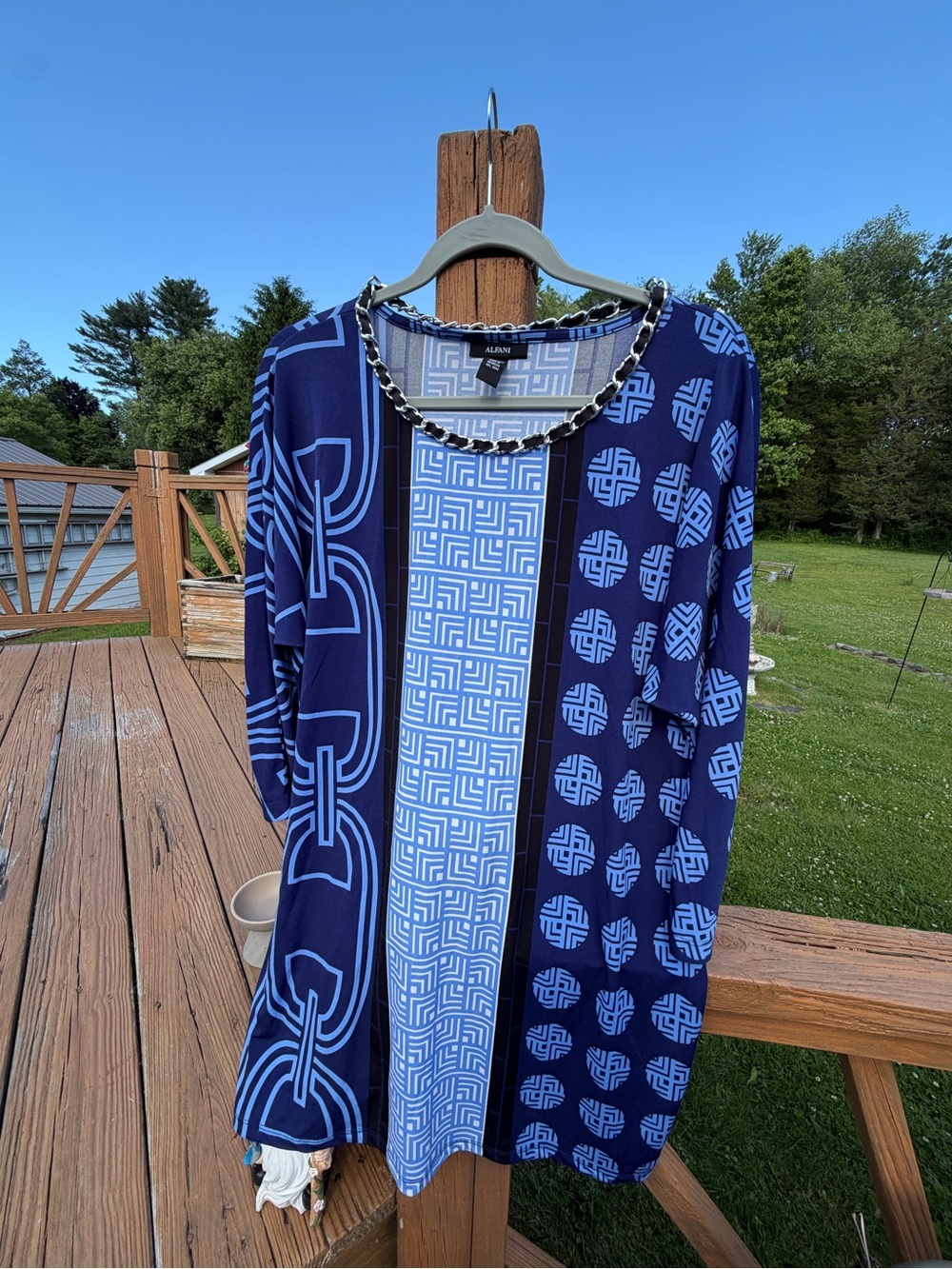 Alfani Blue Multi-Pattern Long Sleeve Tunic Dress
